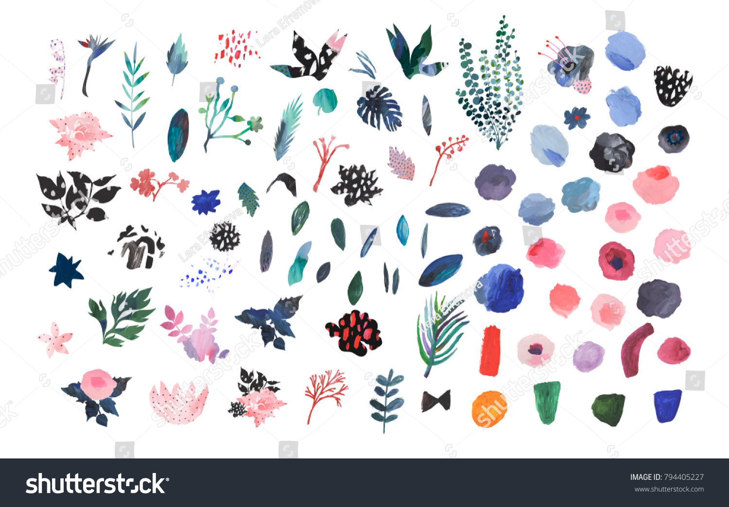 stock-photo-collection-of-hand-drawn-flowers-and-leaves-painted-art-set-794405227