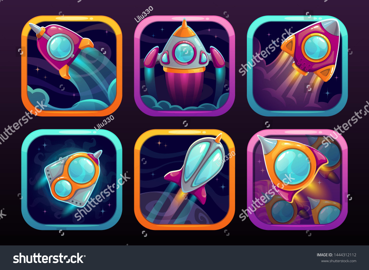 stock-vector-app-icons-with-flying-rockets-space-wars-game-logo-concept-vector-gui-web-elements-set-1444312112
