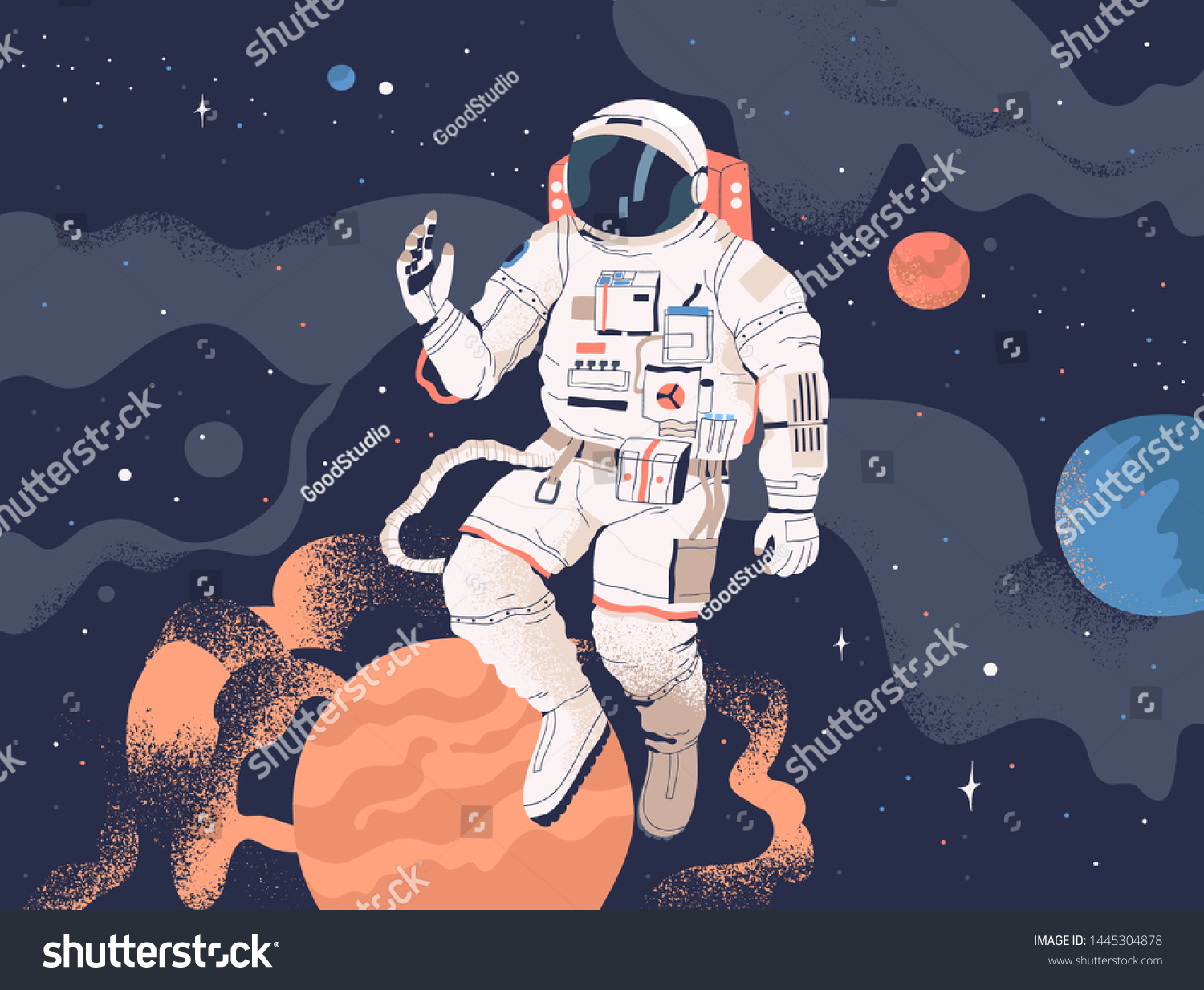 stock-vector-astronaut-exploring-outer-space-cosmonaut-in-spacesuit-performing-extravehicular-activity-or-1445304878
