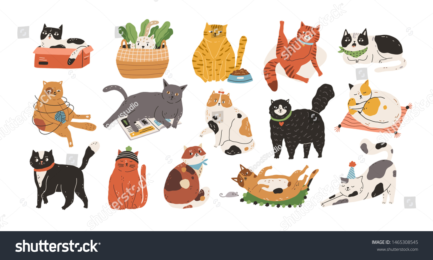 stock-vector-bundle-of-adorable-cats-sleeping-stretching-itself-playing-with-ball-of-yarn-hiding-in-box-or-1465308545