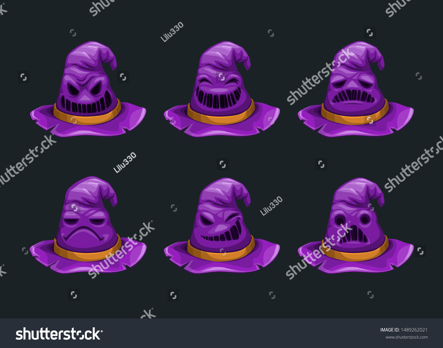 stock-vector-cartoon-fantasy-purple-hat-character-with-different-emotions-on-the-face-1489262021