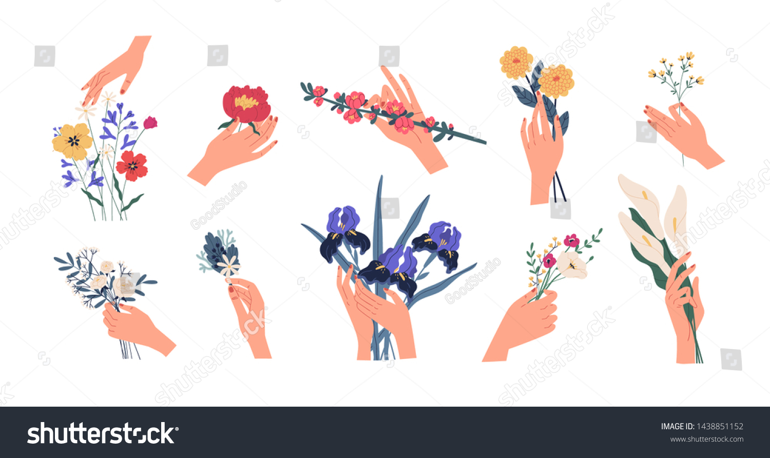 stock-vector-collection-of-hands-holding-bouquets-or-bunches-of-blooming-flowers-bundle-of-floral-decorative-1438851152
