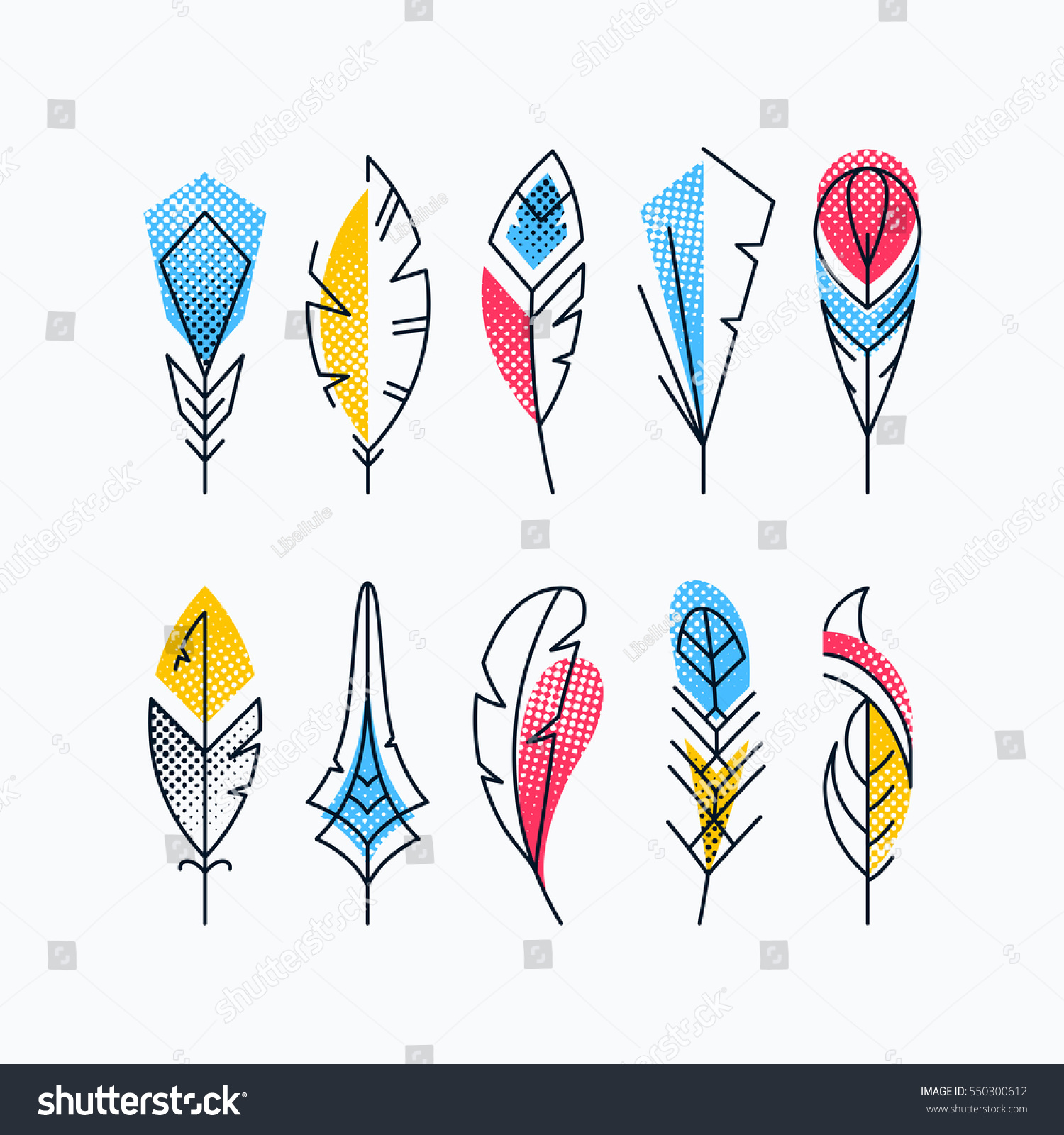 stock-vector-colorful-abstract-feathers-set-halftone-textured-bright-line-vector-symbols-550300612