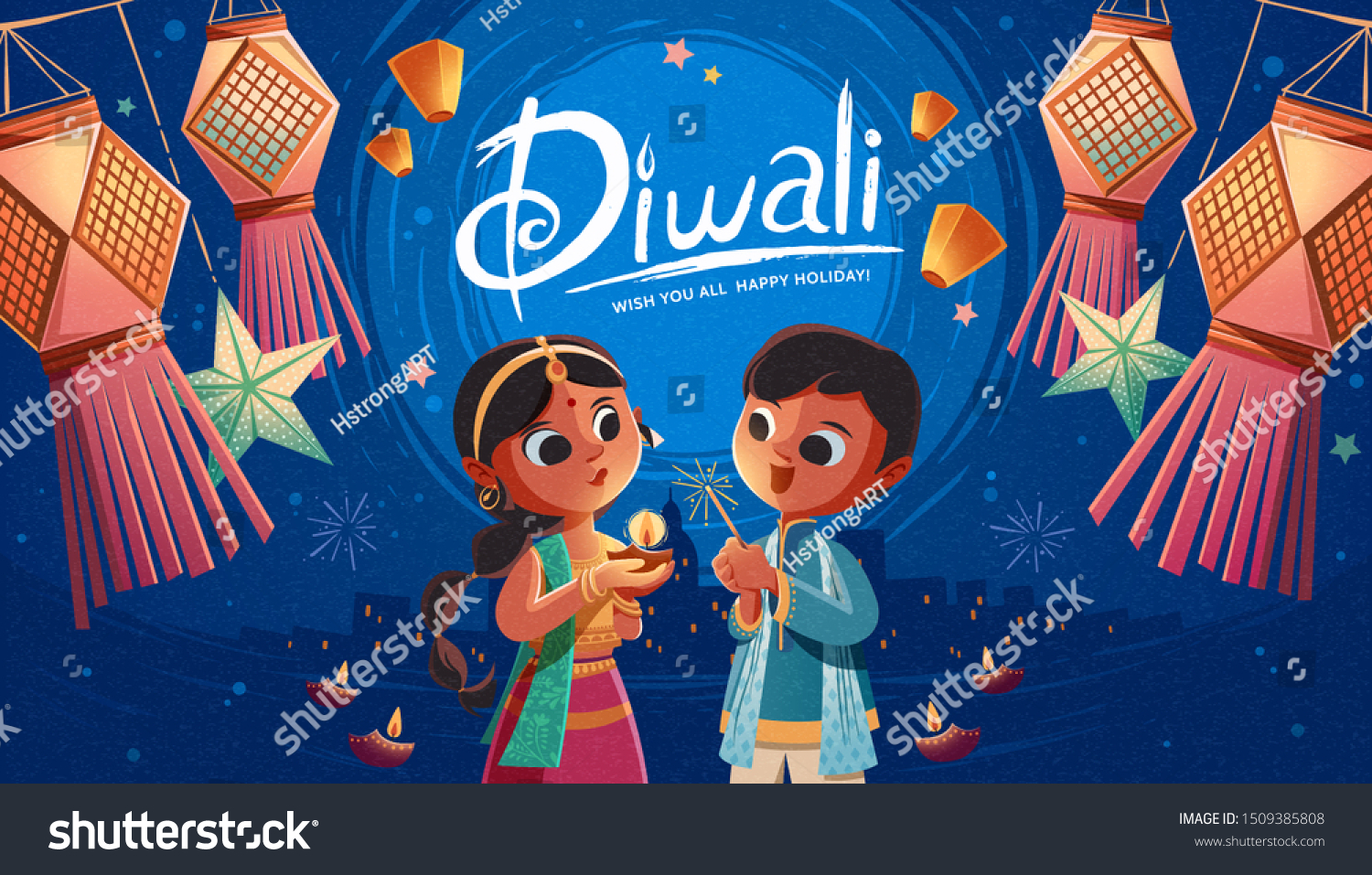 stock-vector-diwali-children-holding-oil-lamp-and-sparkler-with-hanging-indian-lanterns-and-sky-lanterns-in-the-1509385808