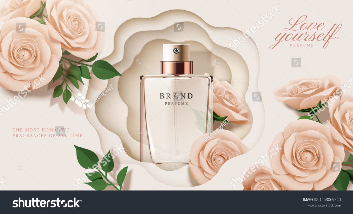 stock-vector-elegant-perfume-ads-with-paper-beige-roses-decorations-in-d-illustration-1453069820