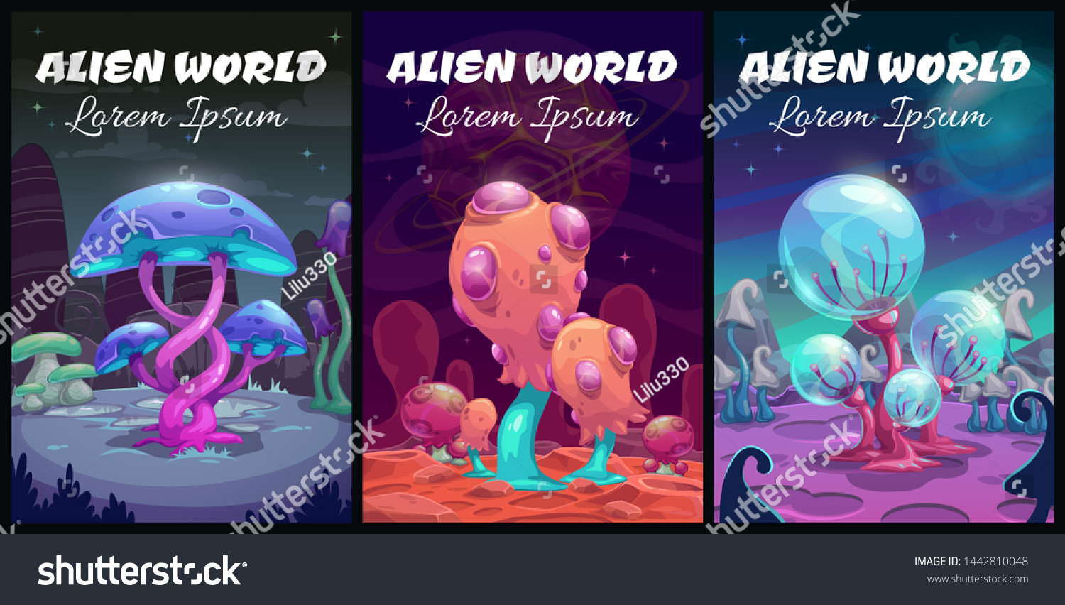 stock-vector-fantastic-background-fantasy-cartoon-alien-world-landscape-magic-book-covers-set-vector-mystery-1442810048