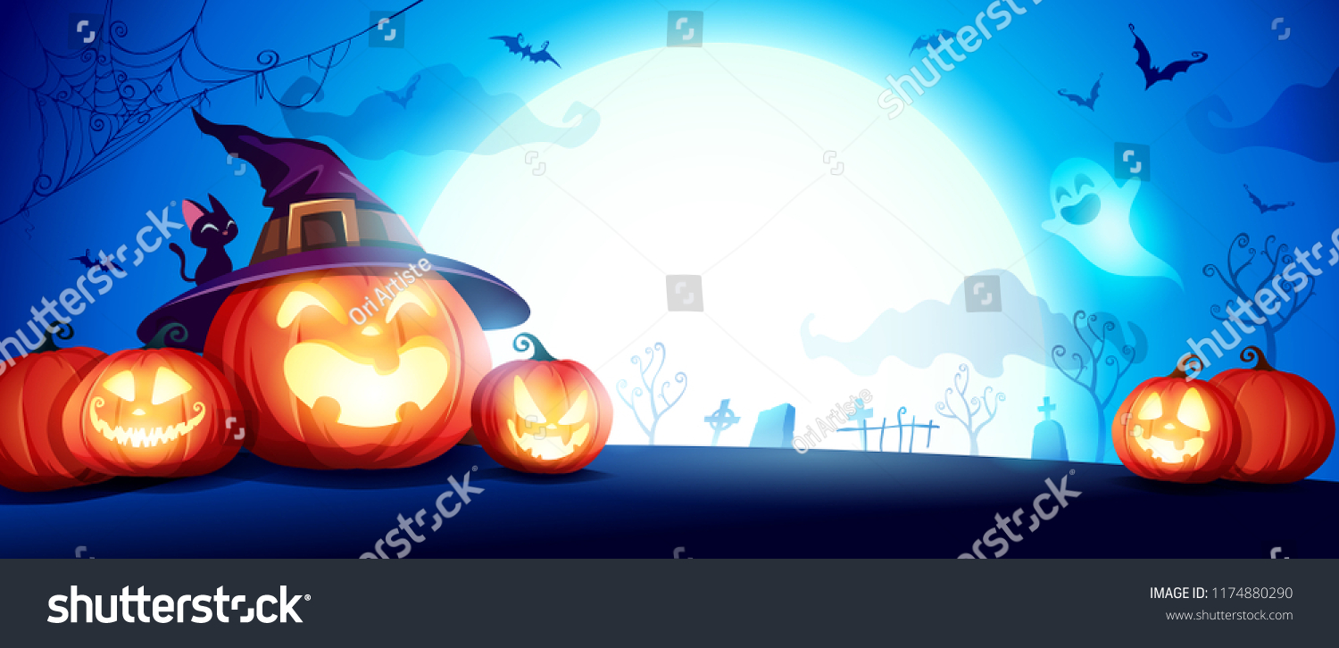 stock-vector-halloween-pumpkin-patch-in-the-moonlight-jack-o-lantern-party-horizontal-banner-1174880290