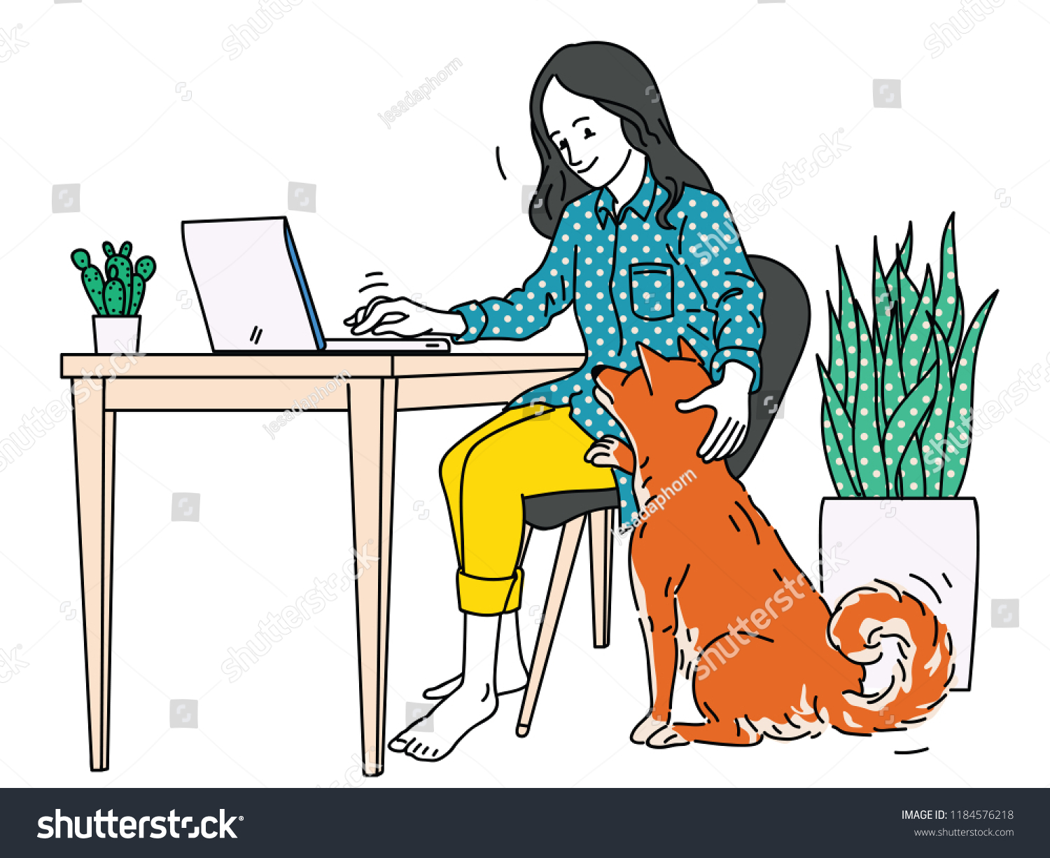 stock-vector-happy-woman-working-at-home-sitting-on-desk-with-typing-laptop-computer-enjoy-playing-with-her-1184576218