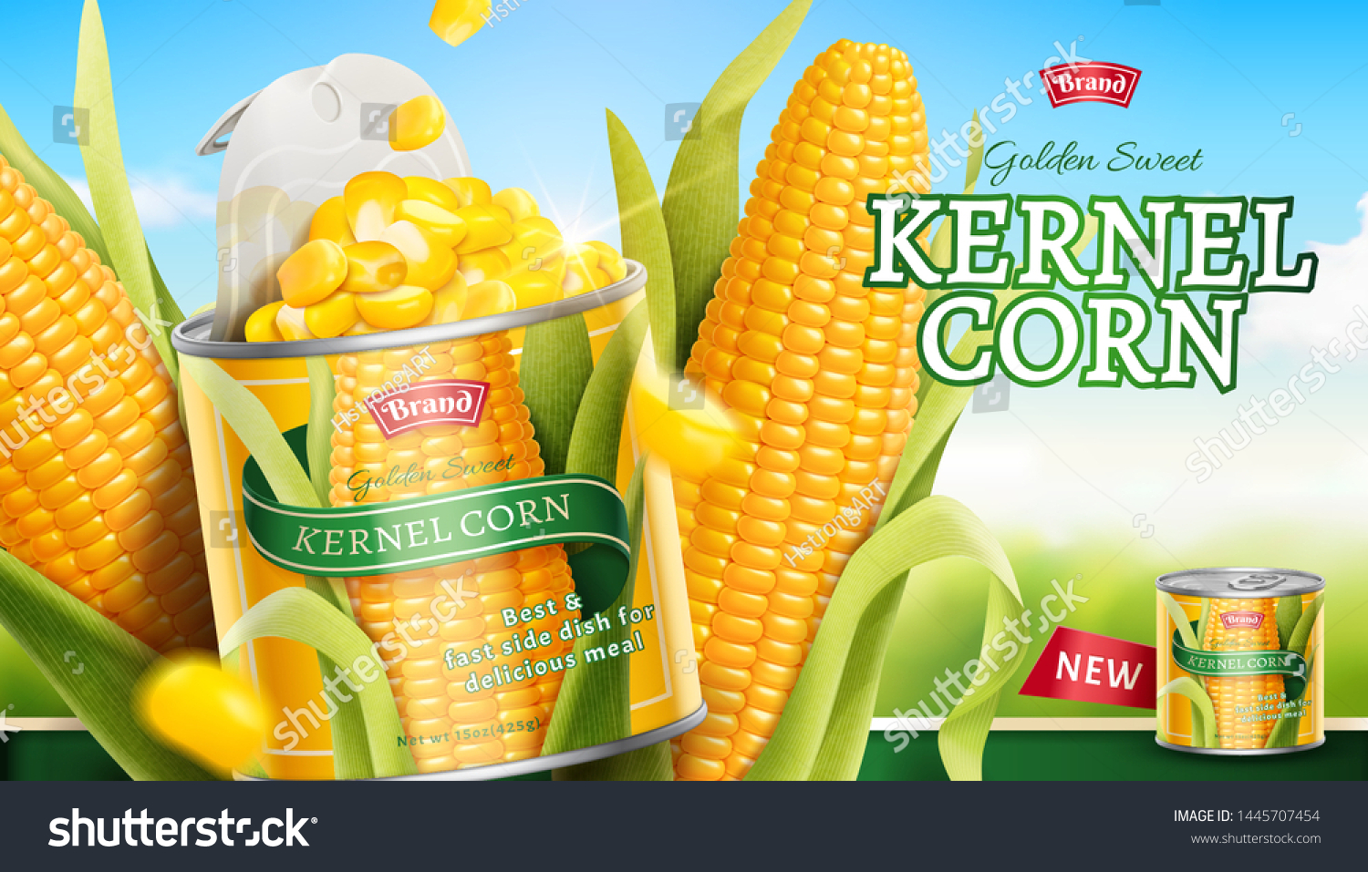 stock-vector-premium-kernel-corn-can-ads-in-d-illustration-on-bokeh-blue-sky-background-1445707454