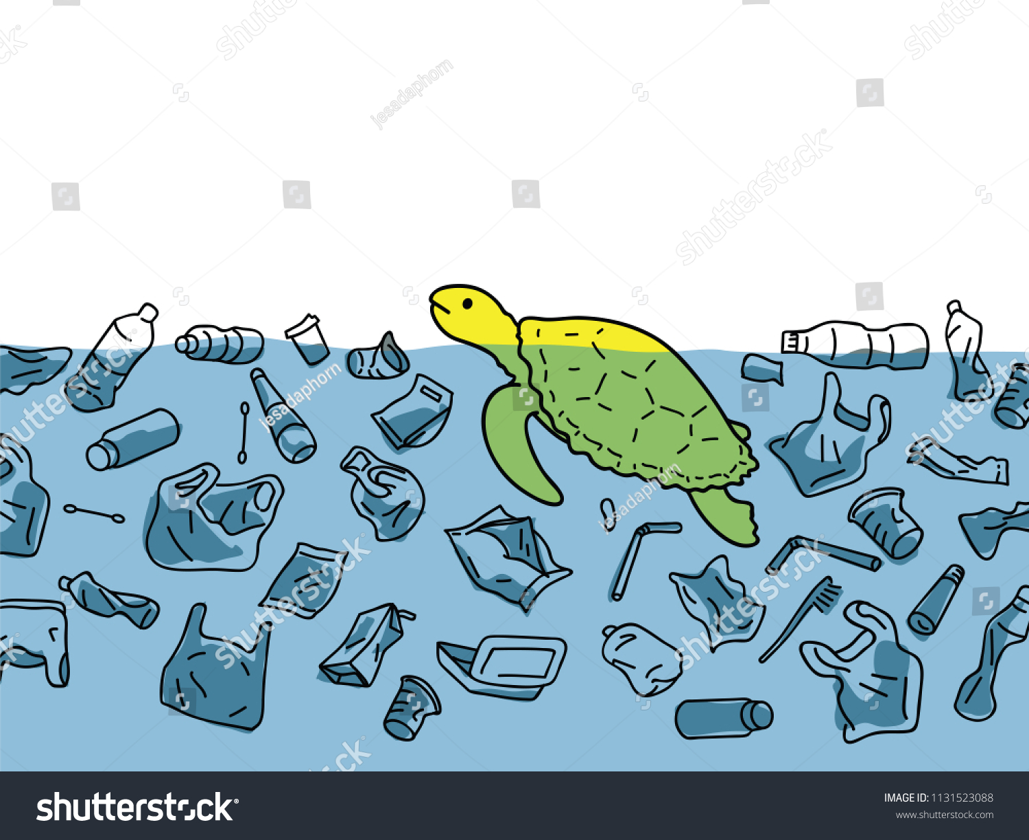 stock-vector-vector-illustration-of-sea-turtle-in-sea-water-surrounding-with-garbage-and-plastic-in-concept-of-1131523088