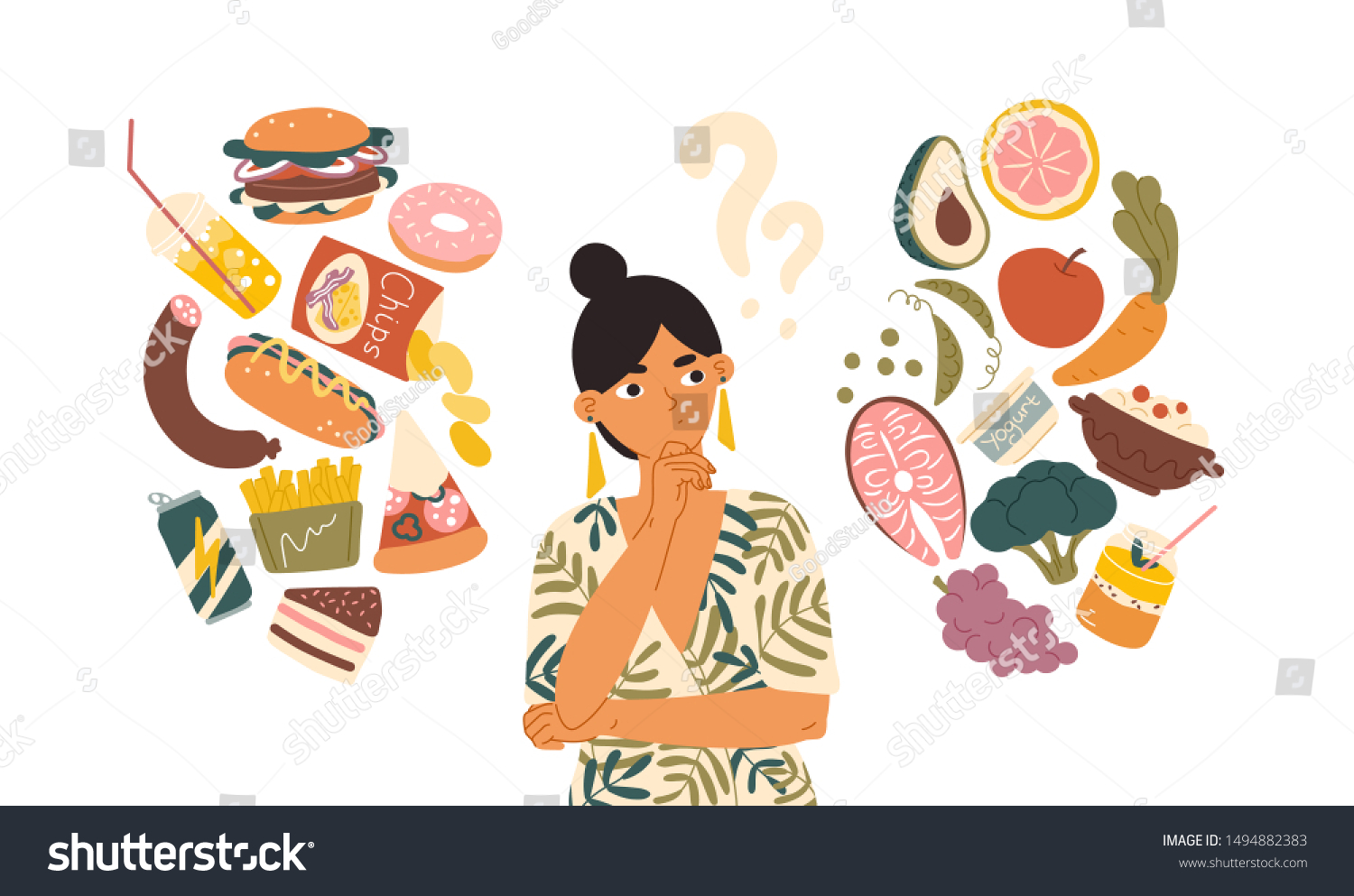 stock-vector-woman-choosing-between-healthy-and-unhealthy-food-concept-flat-vector-illustration-fastfood-vs-1494882383