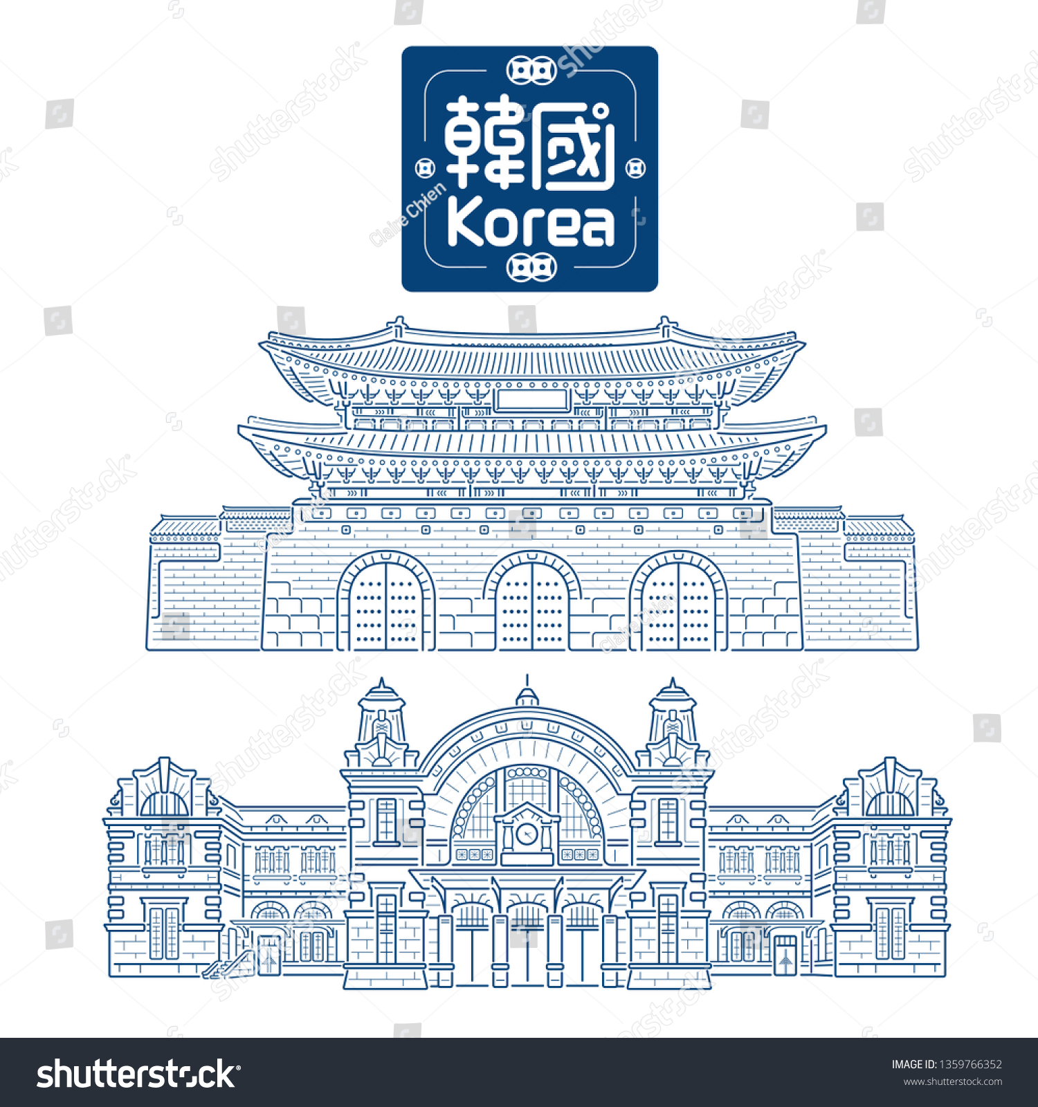 stock-vector-building-line-art-vector-illustration-design-seoul-south-korea-chinese-text-means-seoul-south-1359766352